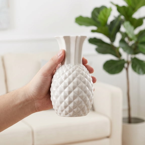WASHWEPE Textured White Ceramic Vase with Pineapple Design Modern Accent for Console Tables