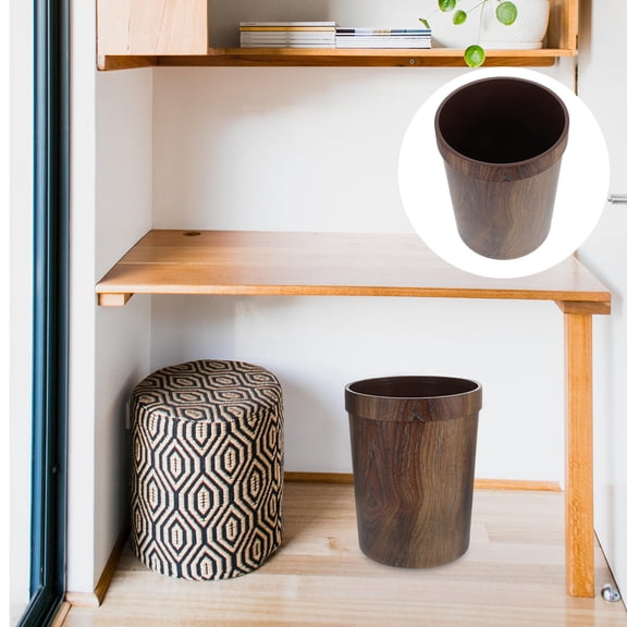WASHWEPE Trash Can with Fixed Ring Design for Office Use Imitation Wood Grain PP Material Black 1Pc