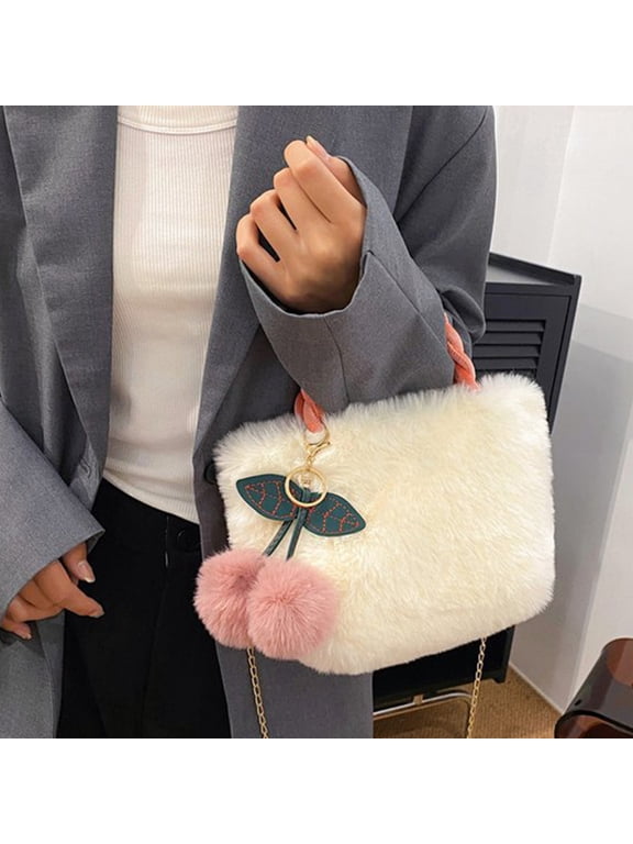 White Fuzzy Cherry Bag in Soft Plush Material for Shoulder Or Hand Carry