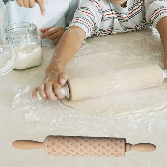 WASHWEPE Wood Rolling Pin with Embossing Love Pattern for Home Baking Non Slip Grip Beige Wood