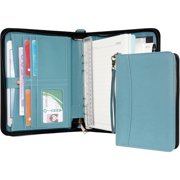 WASON Portfolio A5 Binder Journal with Zipper - Leather pu Writing Notebook Padfolio with Detachable Refillable Notebook, Legal Pad for Business Study and Travel Organizer (Cyan)