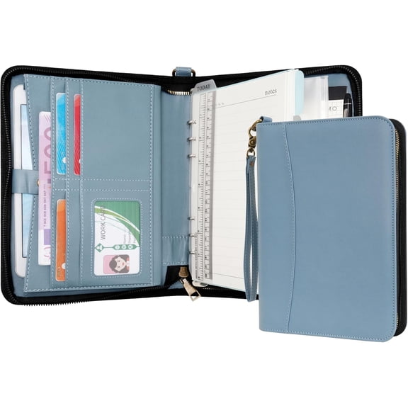 WASON Portfolio A5 Binder Journal with Zipper - Leather pu Writing Notebook Padfolio with Detachable Refillable Notebook, Legal Pad for Business Study and Travel Organizer (Misty blue)