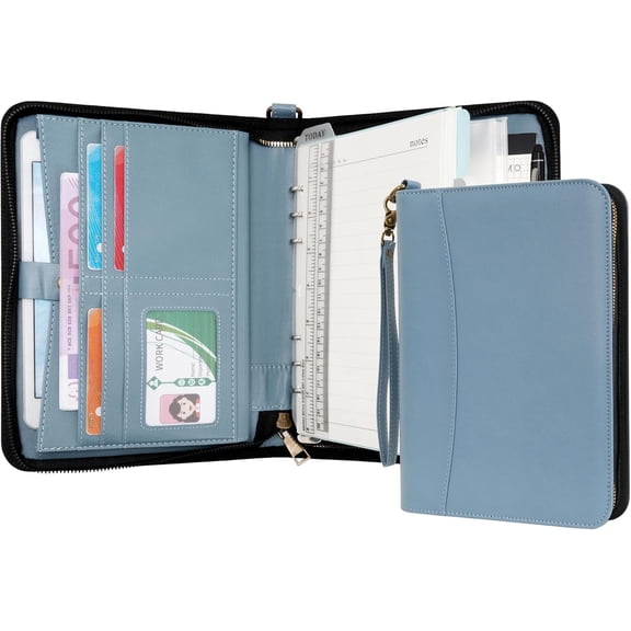WASON Portfolio A5 Binder Journal with Zipper - Leather pu Writing Notebook Padfolio with Detachable Refillable Notebook, Legal Pad for Business Study and Travel Organizer (Misty blue)