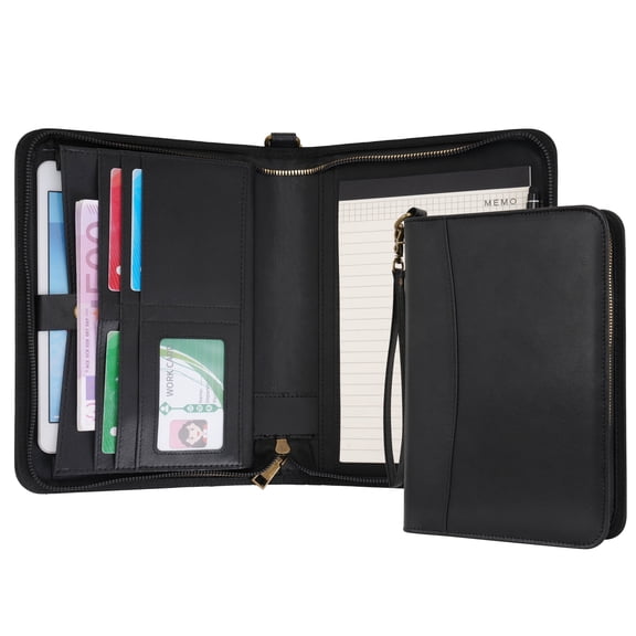 WASON Portfolio A5 Binder Journal with Zipper - Leather pu Writing Notebook Padfolio with Detachable Refillable Notebook, Legal Pad for Business Study and Travel Organizer (Black)
