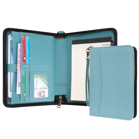 WASON Portfolio A5 Binder Journal with Zipper - Leather pu Writing Notebook Padfolio with Detachable Refillable Notebook, Legal Pad for Business Study and Travel Organizer (Misty blue)