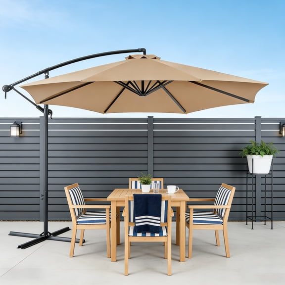 WLLJOY 10 ft Offset Patio Umbrella With Base Included ,All-Weather UV Protection Cantilever Umbrella Suitable For Garden, Backyard and Beach, Khaki