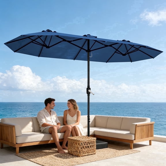 WLLJOY 15Ft Large Outdoor Double-Sided Rectangle Umbrella with Base-Mounted, Foldable And Portable Sunshade For Backyards, Beaches And Patio, Blue