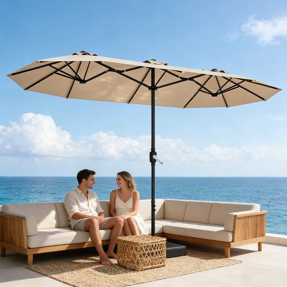 WASUHE 15Ft Patio Umbrella With Base-Mounted, Foldable And Portable Outdoor Sunshade For Backyards, Beaches And Gardens, Khaki