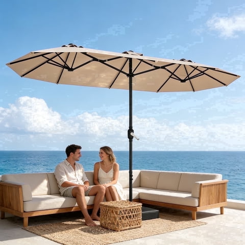 HaiNova 15Ft Large Outdoor Double-Sided Rectangle Umbrella with Base-Mounted, Foldable And Portable Sunshade For Pool, Beaches And Patio, Khaki