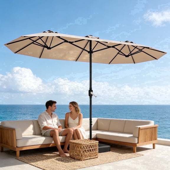 HaiNova 15Ft Large Outdoor Double-Sided Rectangle Umbrella with Base-Mounted, Foldable And Portable Sunshade For Pool, Beaches And Patio, Khaki