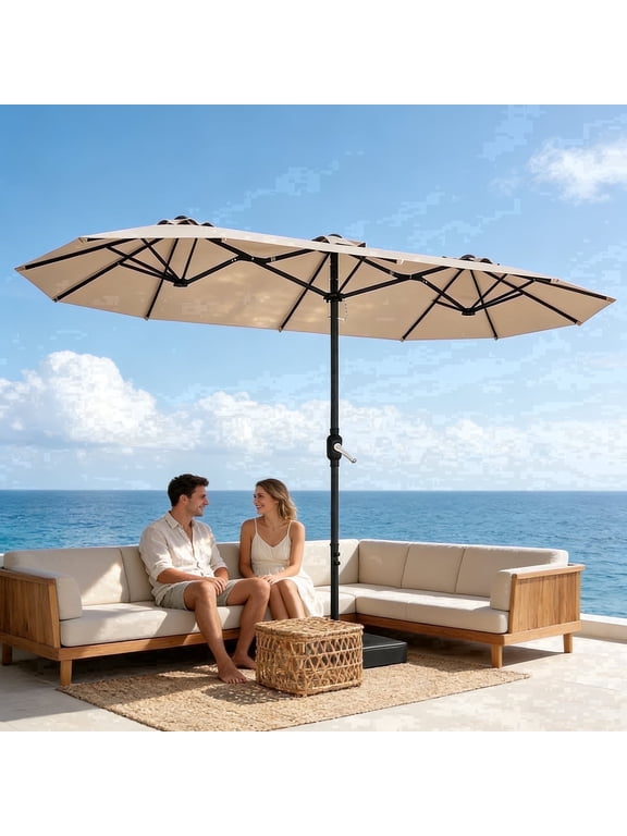 15Ft Large Outdoor Double-Sided Rectangle Umbrella with Base-Mounted, Foldable And Portable Sunshade For Pool, Beaches And Patio, Khaki