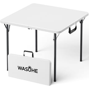 WASUHE 36" Square Folding Table with Handle, Portable Resin Folding Card Table for Dining, Game, Party, Picnic, White