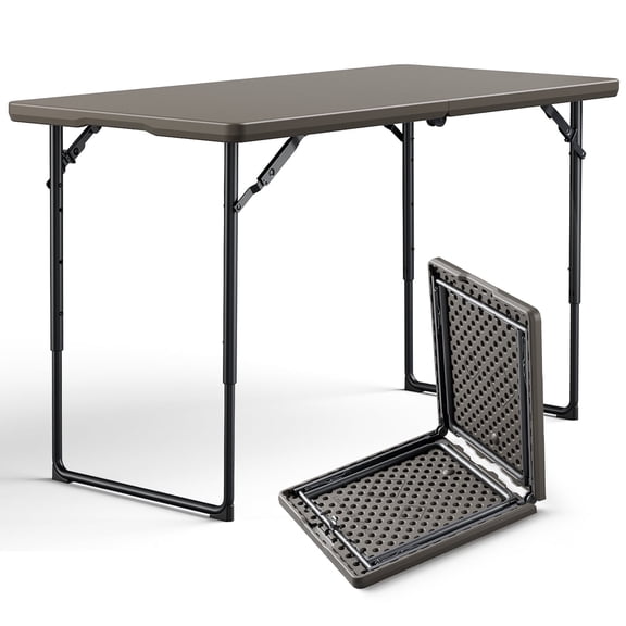 WASUHE 4 Foot Folding Table, Lightweight Adjustable Height Camping Table with Non-Slip Legs, Indoor/Outdoor Essential, Grill, Events, Party, Khaki