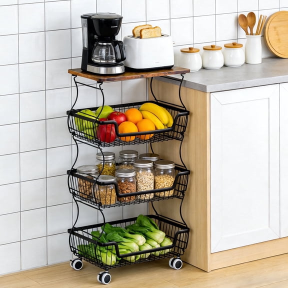 WASUHE 5-Tier Utility Rolling Cart, with Lockable Wheels,Fruit Vegetable Storage Basket Organizer Cart, Metal Storage Trolley for Kitchen Black