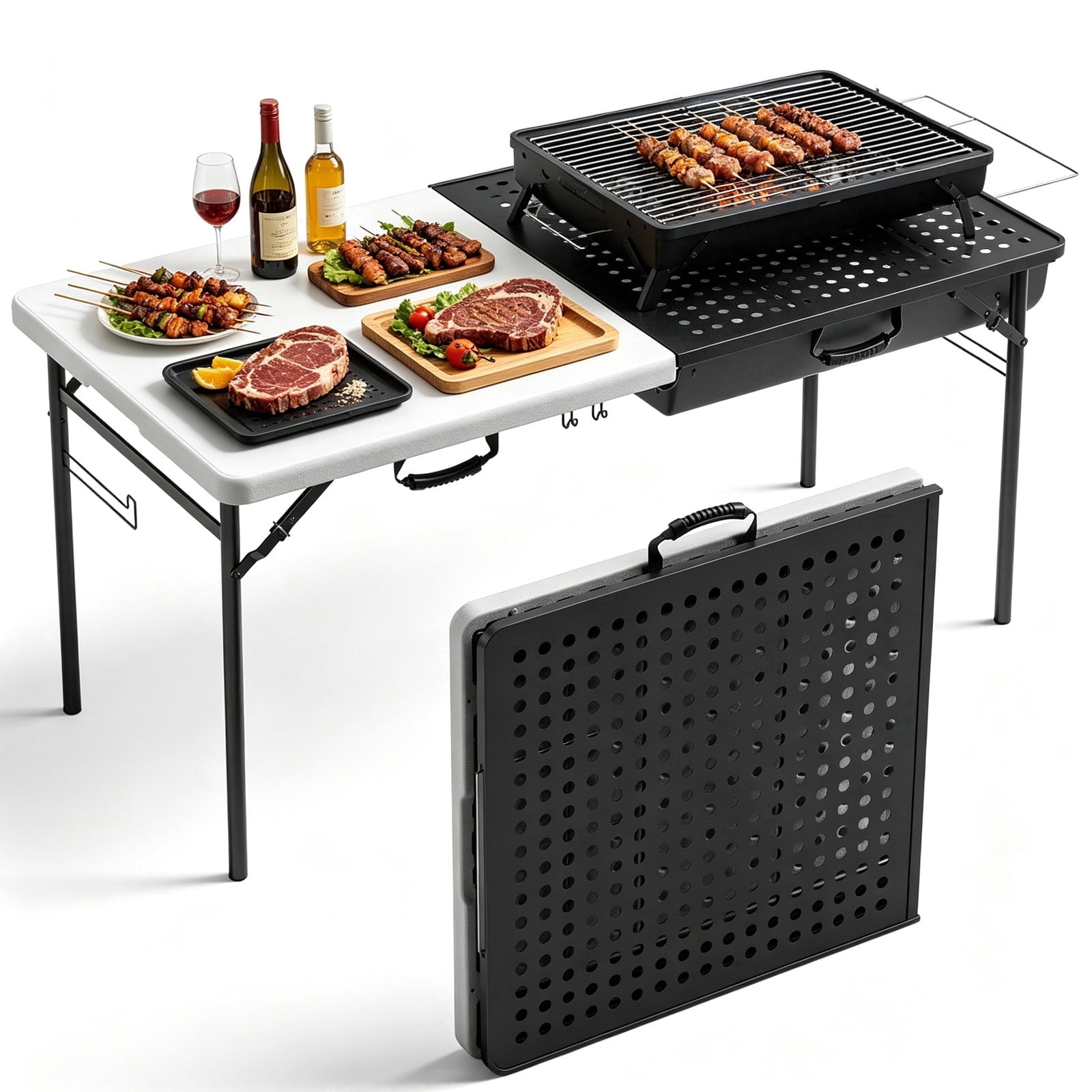 WASUHE 5FT Folding Grill Table, Portable Camping Table with Metal Grid & Tool Hooks, Ideal for BBQ, Picnic & RV Use, Space-Saving Design, Black