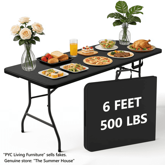 HaiNova 6ft Folding Table with Carry Handle, Stain Resistant Heavy Duty Foldable Table for Home Party, Picnic and Wedding, Black