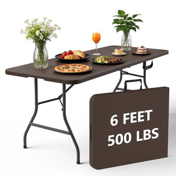 HaiNova 6ft Folding Table with Carry Handle, Stain Resistant Heavy Duty Foldable Table for Picnic, Party, Wedding, Brown