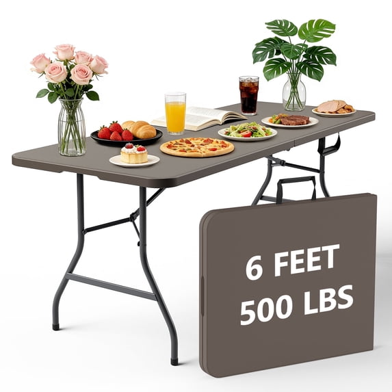 HaiNova 6ft Folding Table with Carry Handle, Stain Resistant Heavy Duty Foldable Table for Picnic, Party, Wedding, Khaki
