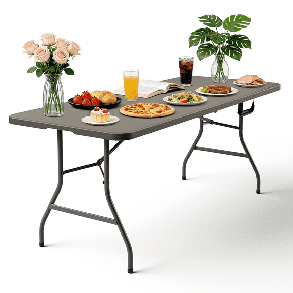 WASUHE 6ft Folding Table, Portable Camping Table with Handle, Durable and Anti-fouling Picnic Table Suitable for Party, Camping and Picnic, Khaki