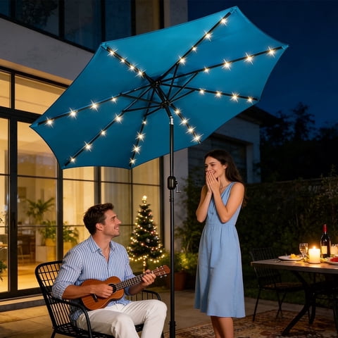 HaiNova 9ft Solar Patio Umbrella, Tilt Adjustment LED Outdoor Umbrella with 8 Reinforced Ribs for Garde, Backyard, Pool, Sky Blue