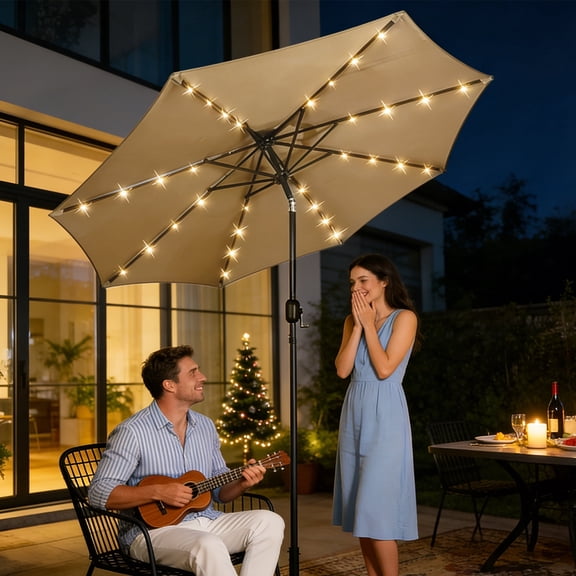 WASUHE 9ft Solar Patio Umbrella, Tilt Adjustment LED Outdoor Umbrella with 8 LED Strip Lights & 8 Ribs for Garden, Backyard, Pool, Khaki