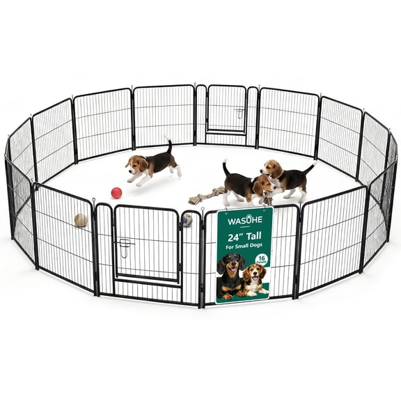 WASUHE Dog Playpen with Door, 24 Inch 16 Panel Foldable Metal Pet Fence, Indoor, Yard, RV Camping, Safe Play Area for Small and Puppy Dogs, Black