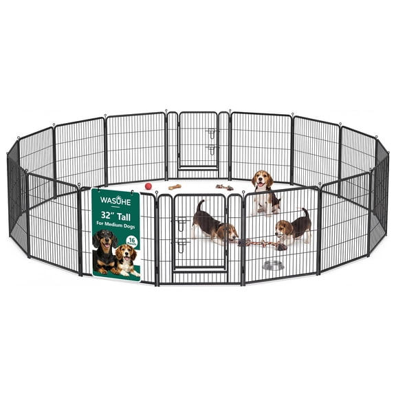 WASUHE Dog Playpen with Door, 32 Inch 16 Panel Foldable Metal Pet Fence, Indoor, Yard, RV Camping, Safe Play Area for Small and Medium Dogs, Black