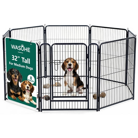 WASUHE Dog Playpen with Door, 32 Inch 8 Panel Foldable Metal Pet Fence, Indoor, Yard, RV Camping, Safe Play Area for Small and Medium Dogs, Black