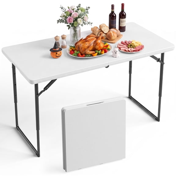 WASUHE Folding Table 4 FT Lightweight Table, Fold-in-Half Plastic Rectangular Table Metal Legs, Easy to Store, Perfect for Party, Dining, Wedding, Events, White