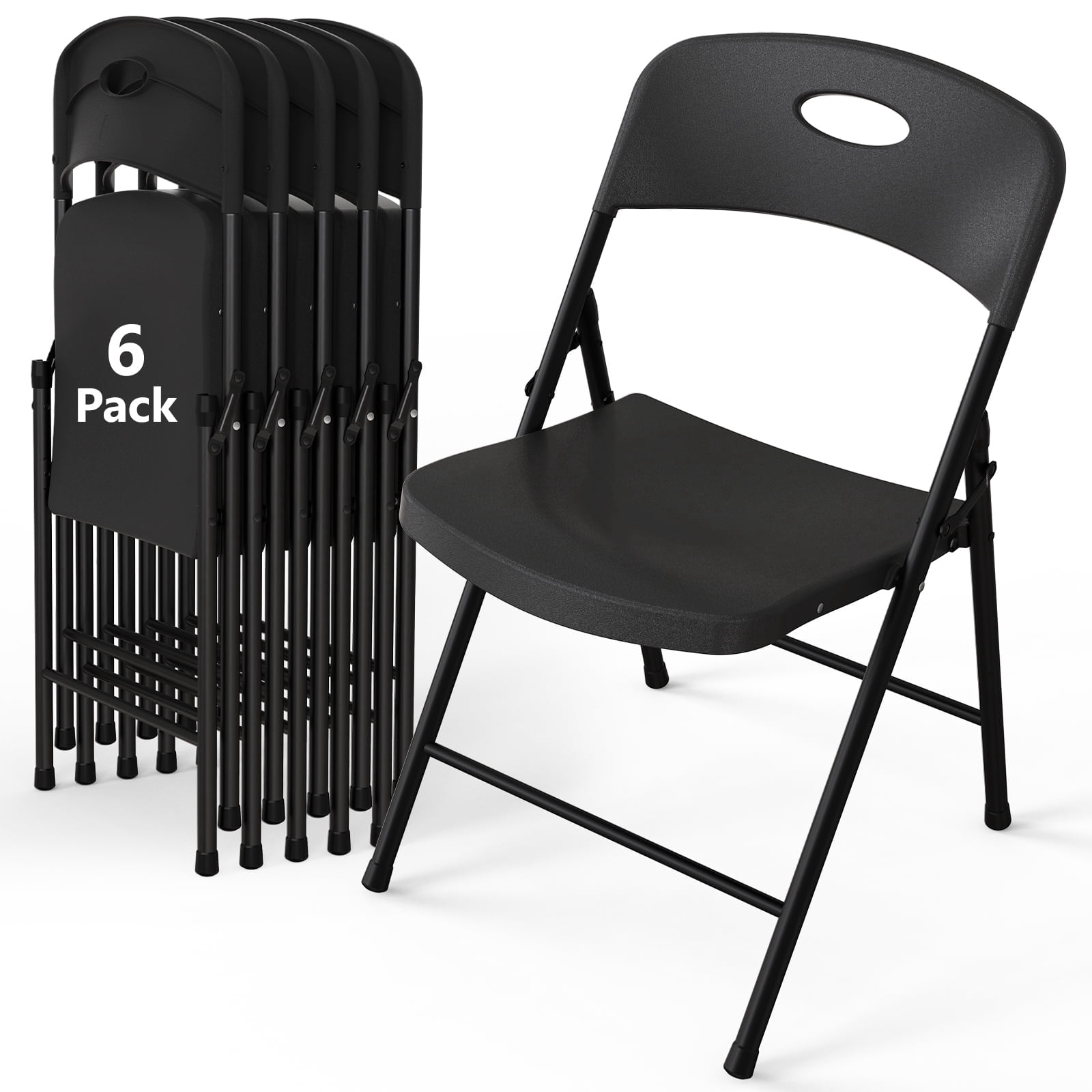WASUHE Resin Folding Chair Set of 6, Reinforced Metal Frame Stackable Plastic Folding Chairs for Wedding, Party, Restaurant & Meeting Room, Black Upgraded
