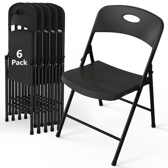 WASUHE Resin Folding Chair Set of 6, Reinforced Metal Frame Stackable Plastic Folding Chairs for Wedding, Party, Restaurant & Meeting Room, Black Upgraded