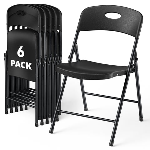 WASUHE Resin Folding Chair Set of 6, Reinforced Metal Frame Stackable Plastic Folding Chairs for Wedding, Party, Restaurant & Meeting Room, Black Upgraded