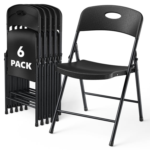 WASUHE Resin Folding Chair Set of 6, Reinforced Metal Frame Stackable Plastic Folding Chairs for Wedding, Party, Restaurant & Meeting Room, Black Upgraded