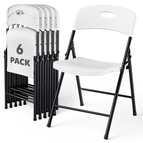 WASUHE Resin Folding Chair Set of 6, Reinforced Metal Frame Stackable Plastic Folding Chairs for Wedding, Party, Restaurant & Meeting Room, White Upgraded