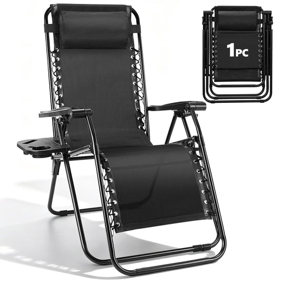 WASUHE Zero Gravity Recliner Chair, Foldable Outdoor Lounge Chair with Cup Holder, Adjustable Patio Chair for Beach, Pool, Patio, Black