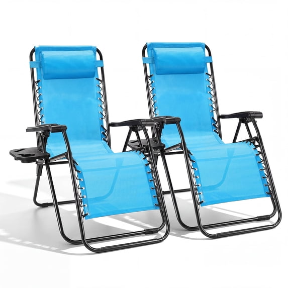 WASUHE Zero Gravity Recliner Chair Set of 2, Foldable Outdoor Lounge Chair with Cup Holder, Adjustable Patio Chair for Beach, Pool, Patio, Sky Blue