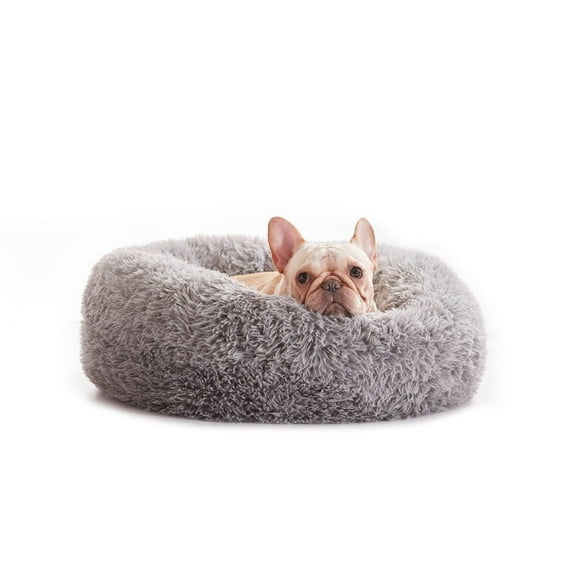WATANIYA Calming Donut Dog Bed 24", Anti-Anxiety Cozy Soft Plush Faux Fur Round Pet Bed, Grey