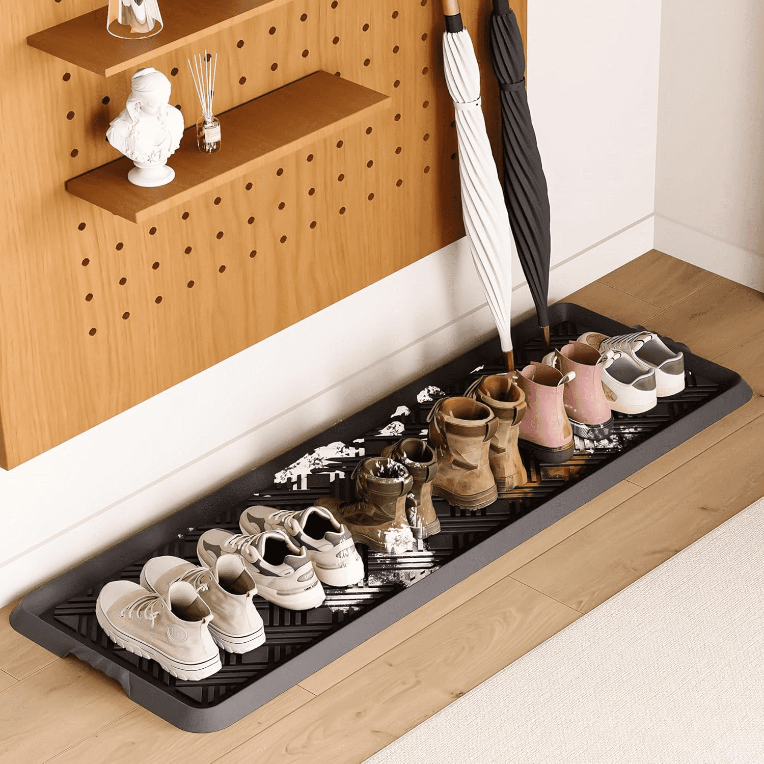 WATANIYA Large Waterproof Non-Slip Doormat Indoor/Outdoor Rubber Boot Tray, Shoe Tray for Entryway or Pet Food Mats Tray - 15.75" x 47.24", Black
