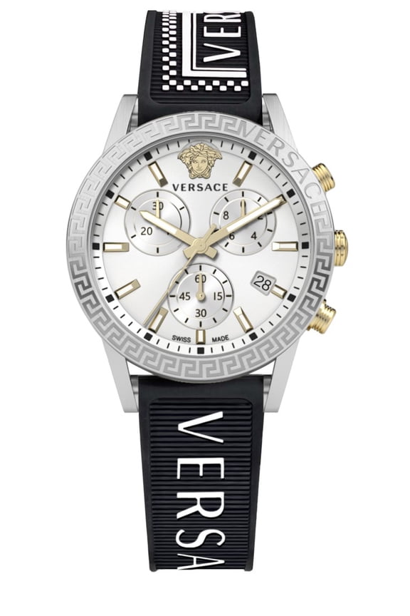 Women's Chronograph Timepiece With Engraved Greek Key Detail And Black Silicone Strap Not Applicable