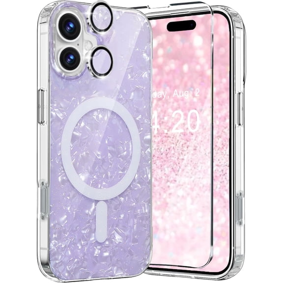 WATEFULL for iPhone 16 MagSafe Iridescent Case Glitter Sparkly, Opal Pearly Bling Magnetic Translucent Bumper Case + 1 Screen 1 Camera Lens Protector for Women Girl iPhone 16 6.1" (Purple Opal)
