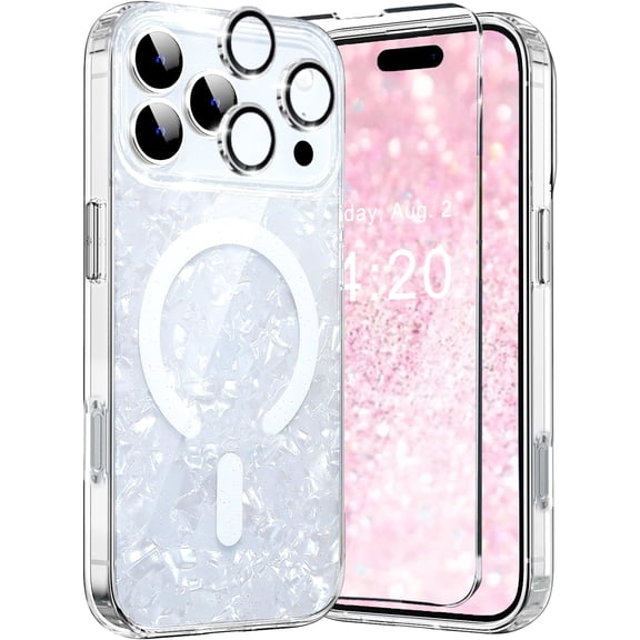WATEFULL for iPhone 17 Pro Max MagSafe Case White Opal Pearly Glitter Sparkly, Bling Magnetic Translucent Bumper Case +1 Screen 1 Camera Protector for Women Girl iPhone 17 Pro Max 6.9"(White Opal)
