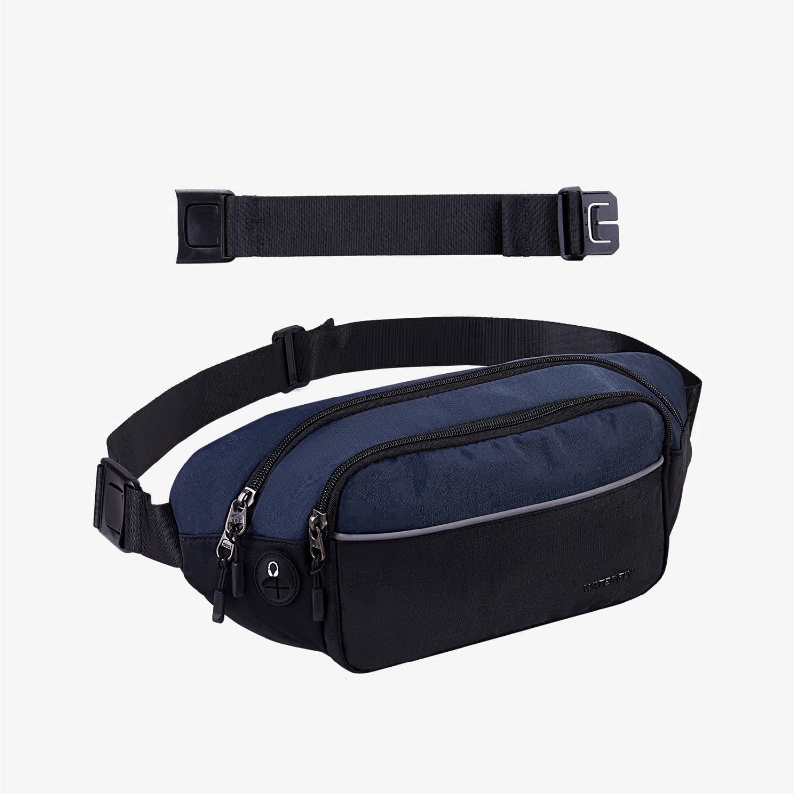 WATERFLY Unisex Hiking Walking Travel Nylon Fanny Pack Waist Bag,Black with Dark Blue
