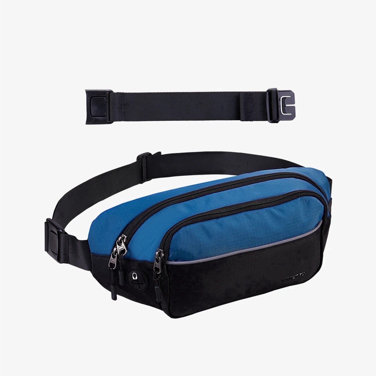 WATERFLY Unisex Hiking Walking Travel Nylon Fanny Pack Waist Bag,Black with Sky Blue