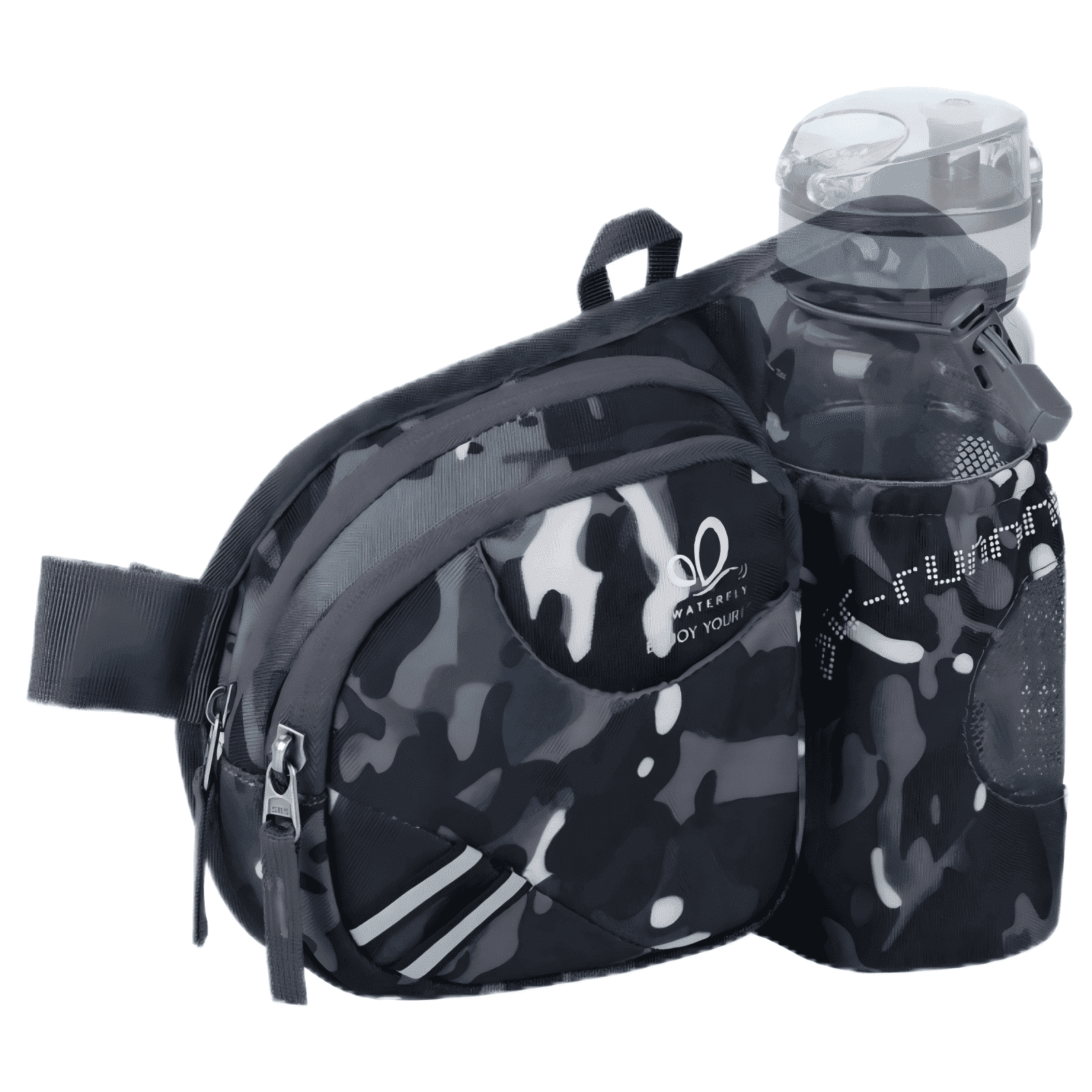 WATERFLY Unisex 3.5L Nylon Fanny Packs with a Water Bottle Holder Travelling Hiking Walking,Black camouflage