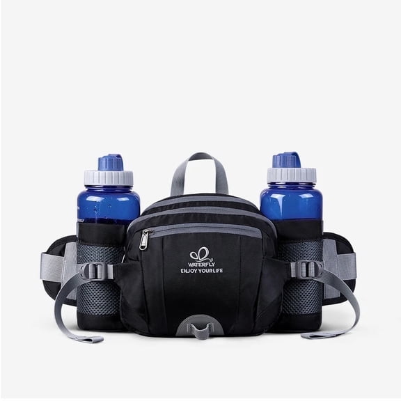 WATERFLY Unisex Large Capacity Hiking with Bottle Holder Nylon Fanny Pack Waist Bag,Black