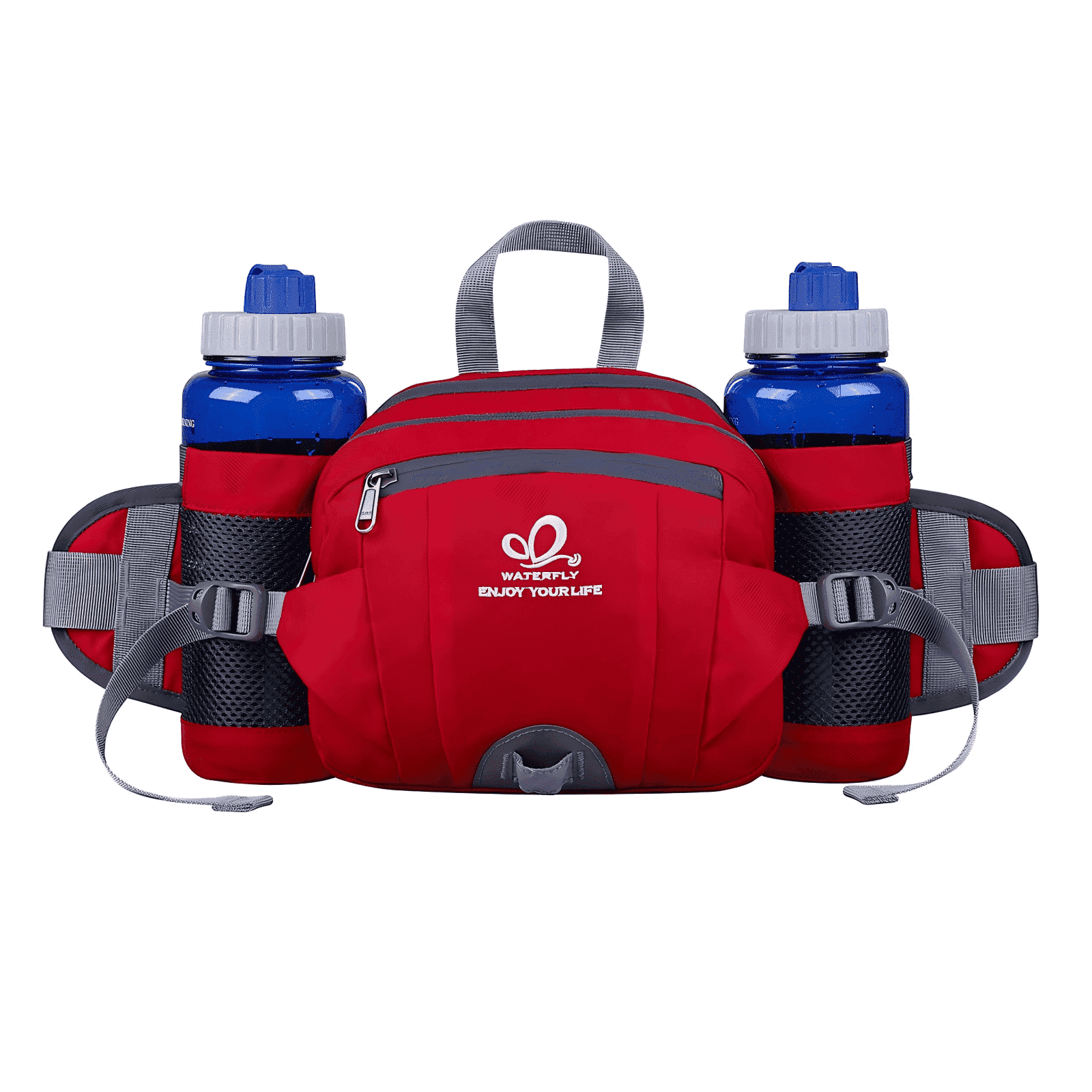 WATERFLY Unisex Large Capacity Hiking with Bottle Holder Nylon Fanny Pack Waist Bag,Red