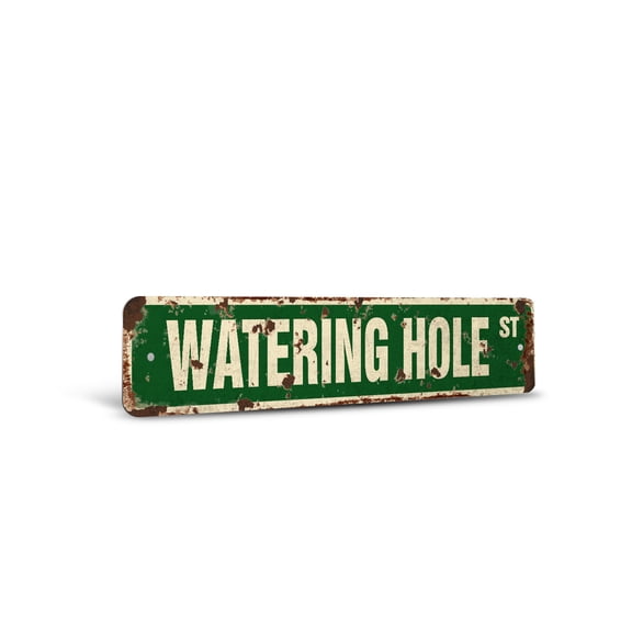 WATERING HOLE Vintage Style Rustic Street Sign – Bar Tavern Tap Alcoholic Signs Retro Decorative Wall Sign for Home, Bar, Garage, or Outdoor Use | 4" X 18" Plastic Road Sign