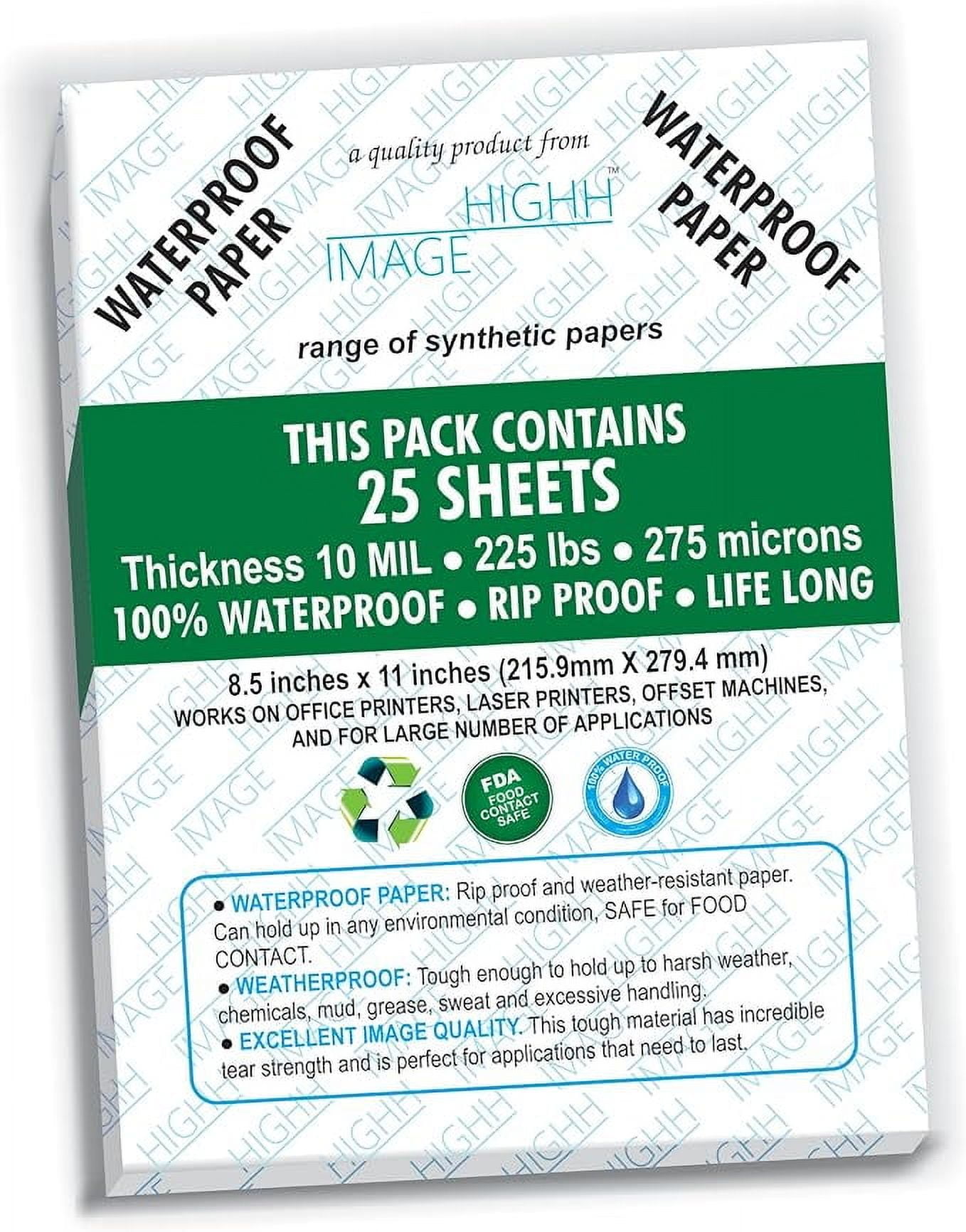 WATERPROOF PAPER | 25 SHEETS, THICKNESS 10 MIL LB, 225 LB, 275 MICRONS SYNTHETIC PAPER, 8.5X11 from HIGHH IMAGE | PRINT WITH LASER PRINTERS | OFFICE PRINTERS