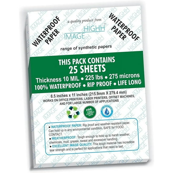 WATERPROOF PAPER | 25 SHEETS, THICKNESS 10 MIL LB, 225 LB, 275 MICRONS SYNTHETIC PAPER, 8.5X11 from HIGHH IMAGE | PRINT WITH LASER PRINTERS | OFFICE PRINTERS