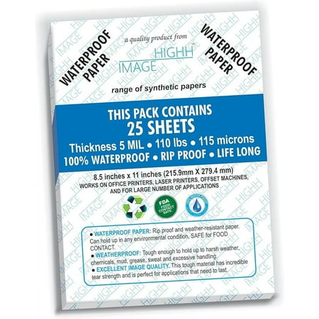 WATERPROOF PAPER | THICKNESS 5 MIL 110 LB, 25 SHEETS SYNTHETIC PAPER, DURABLE LASER PRINTER PAPER, 8.5X11 || OFFICE PRINTERS